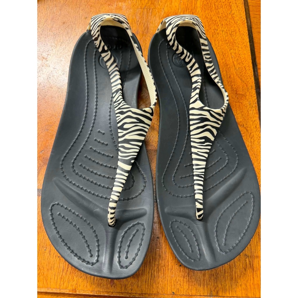 Crocs Sexi Flip Zebra Print Sandals Womens 7 Black White T-Strap Thong 11354